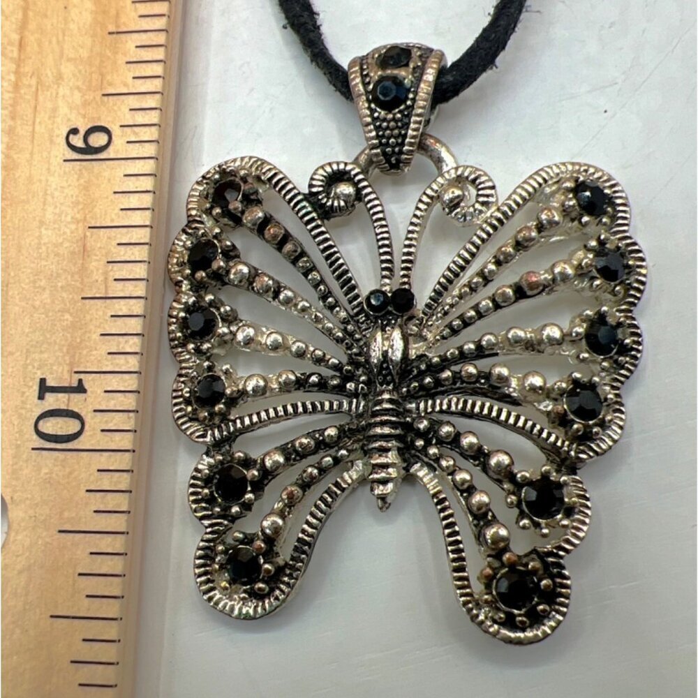 Black Butterfly Pendant Necklace & Two Black Bangle Bracelets. B100 - Picture 7 of 11